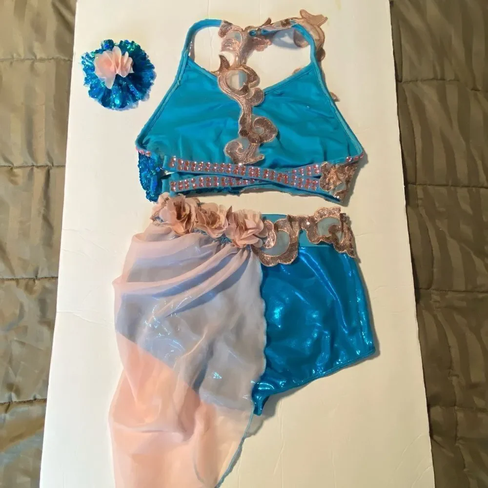 Glamour solo dance costume 2 piece blue pink sequin lace XLC-Extra large child